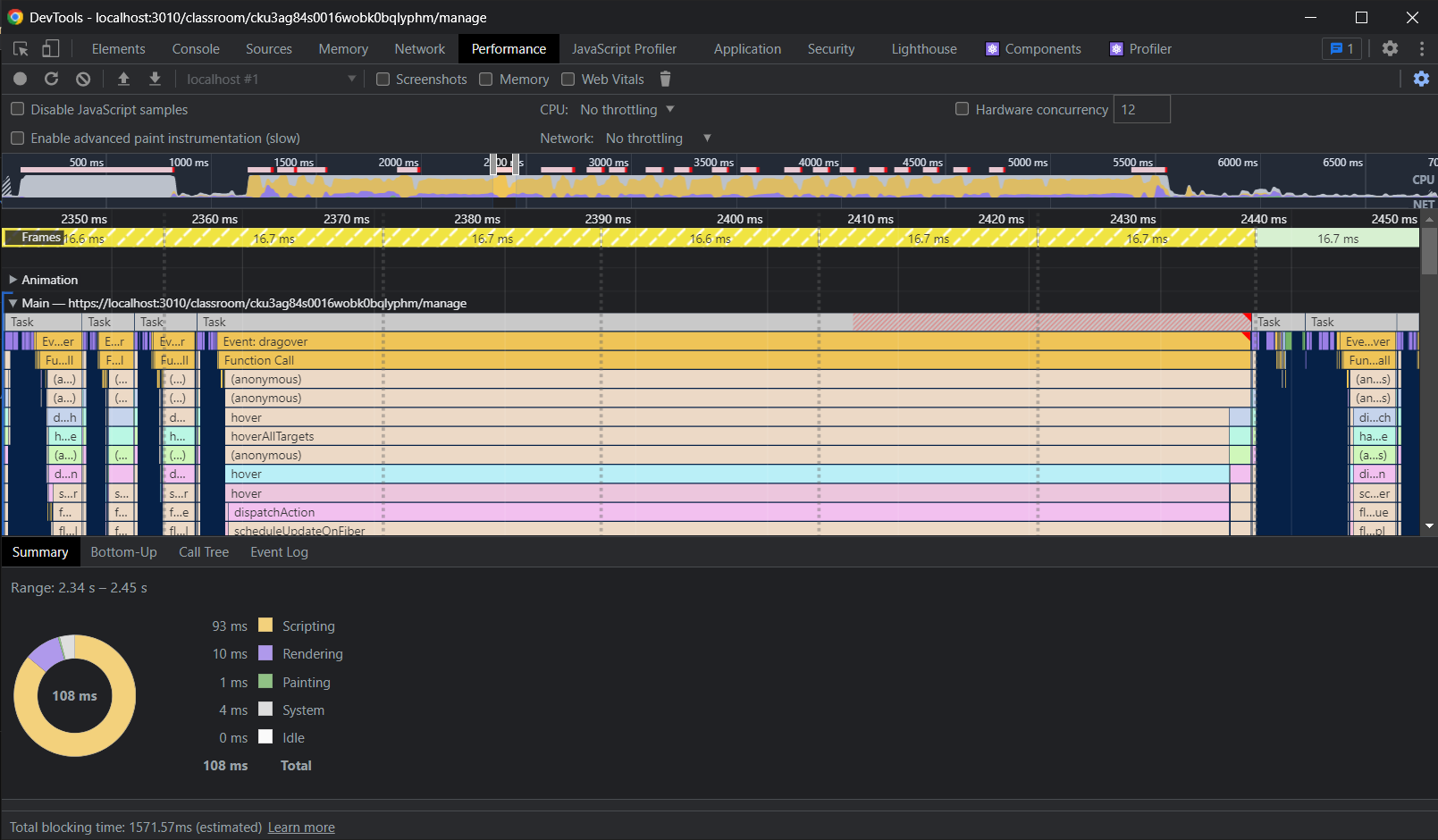 The Chrome developer tools profiling pane showing a flame graph and various statistics
